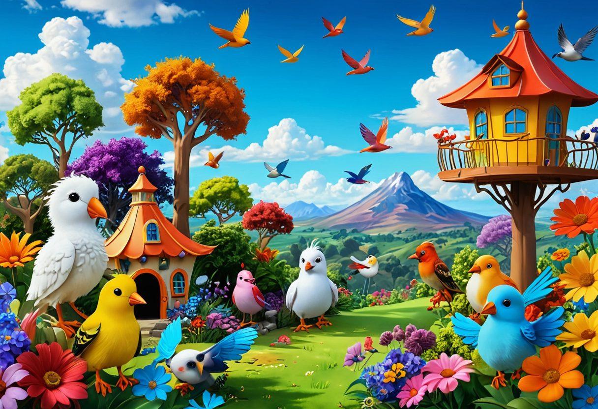A vibrant scene showcasing a diverse group of whimsical characters, each with unique designs and expressions, gathered in a lush, colorful landscape filled with animated flora. In the background, a sunny sky filled with fluffy clouds and playful birds enhances the joyous atmosphere, hinting at humorous tales yet to unfold. The illustration should radiate warmth and laughter, inviting viewers into a world of imagination. super-realistic. vibrant colors. 3D.