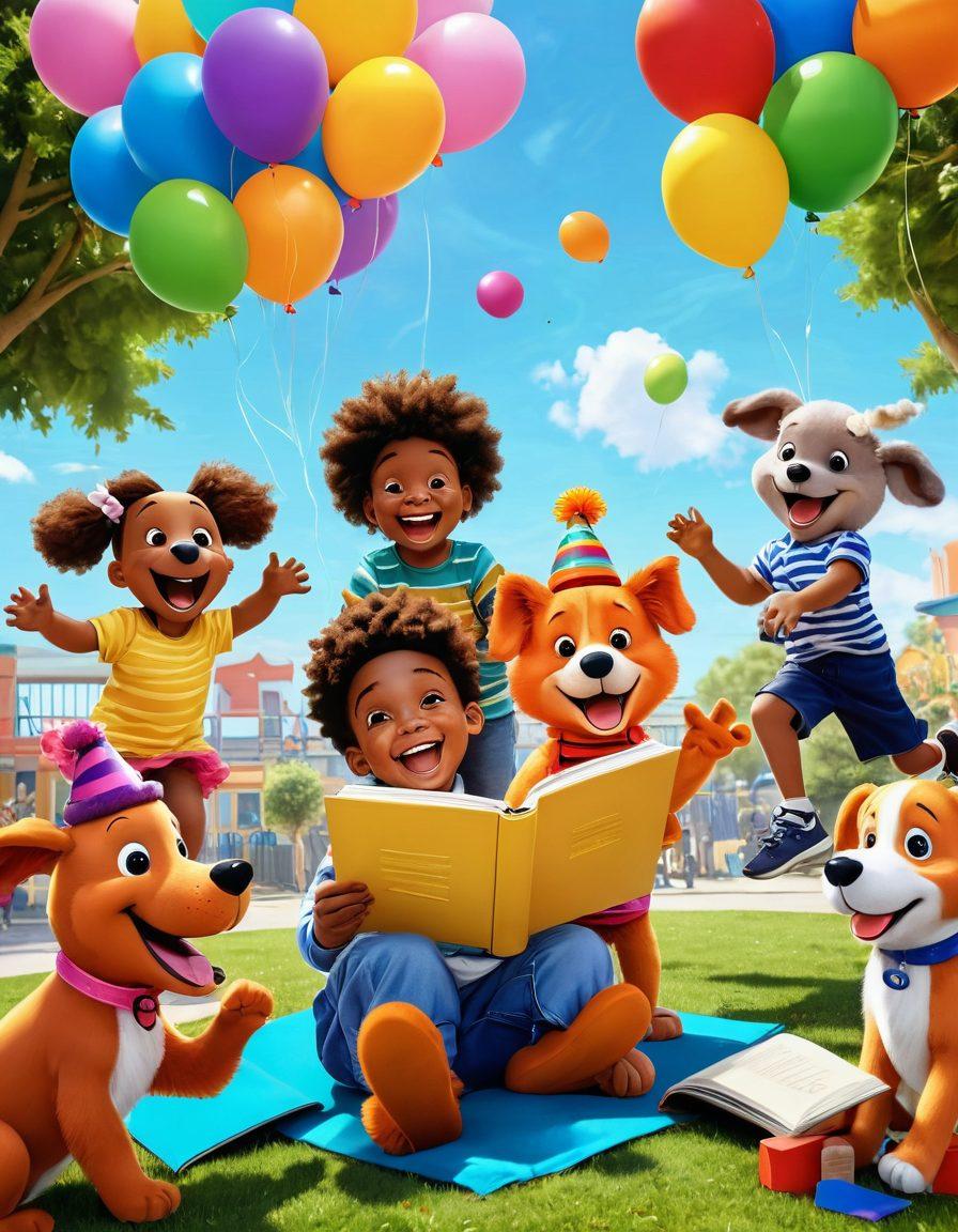 A whimsical scene featuring a group of diverse children laughing joyfully while engaging with colorful books and toys in a sunny playground. Add playful animals interacting with the children, like a clownfish jumping out of a book and a fluffy puppy wearing a party hat. The atmosphere should be bright with colorful balloons and cheerful decorations in the background, radiating happiness and creativity. cartoon-style. vibrant colors. cheerful tones.