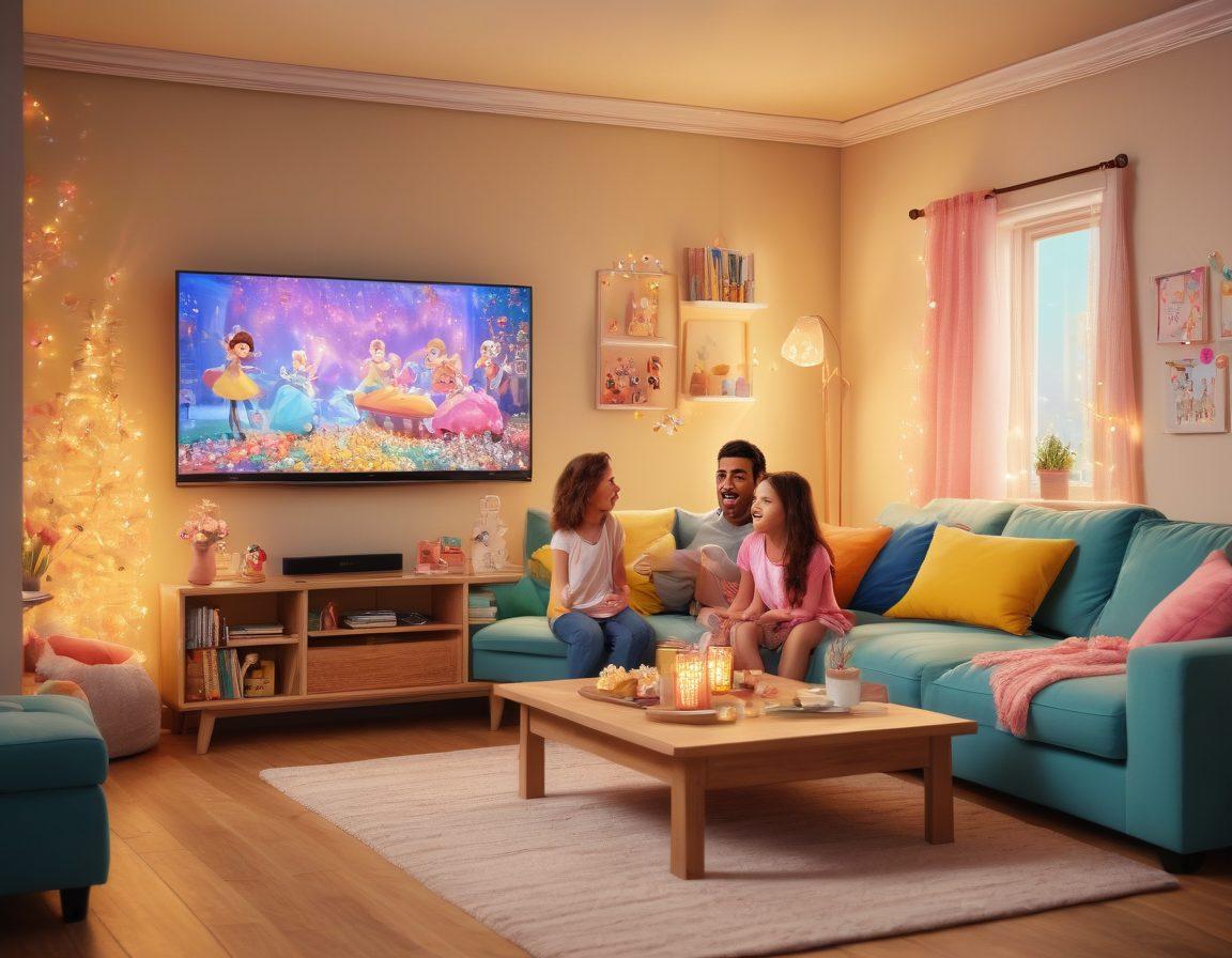 A vibrant scene featuring a joyful family gathered in a cozy living room, watching a colorful animated series on TV. The atmosphere is filled with laughter, with cartoon characters playfully dancing around the screen, and soft cushions scattered everywhere. Add elements like popcorn and sparkling fairy lights to enhance the whimsical feel. The overall color palette should be bright and cheerful. cartoonish style. vibrant colors. 3D.